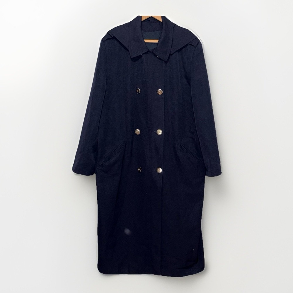 VTG Paul Costelloe British Airways Navy‎ Flight Atten Trench Coat Hood Lined 18S